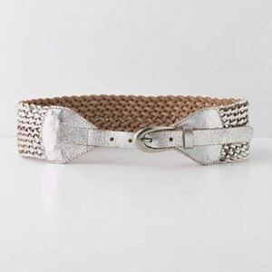 Bed Stu Anthropologie Metallic Silver Woven Leather wide whimsigoth Belt M EUC